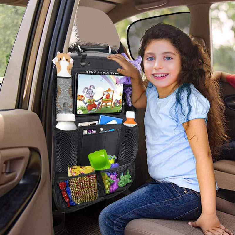 Car Back Seat Organizer with Touch Screen Tablet Holder and Automatic Storage Pocket Protector for Travel
