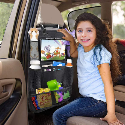 Car Back Seat Organizer with Touch Screen Tablet Holder and Automatic Storage Pocket Protector for Travel