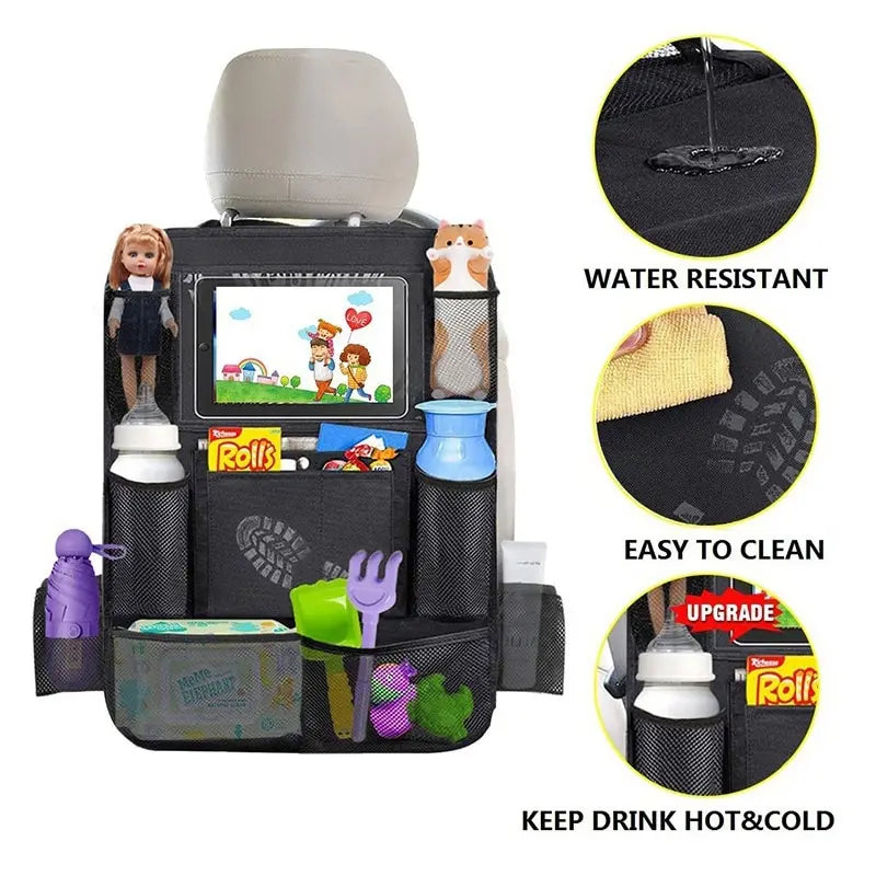 Car Back Seat Organizer with Touch Screen Tablet Holder and Automatic Storage Pocket Protector for Travel