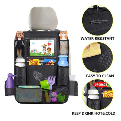 Car Back Seat Organizer with Touch Screen Tablet Holder and Automatic Storage Pocket Protector for Travel