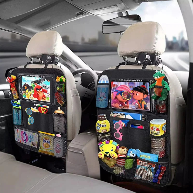 Car Back Seat Organizer with Touch Screen Tablet Holder and Automatic Storage Pocket Protector for Travel